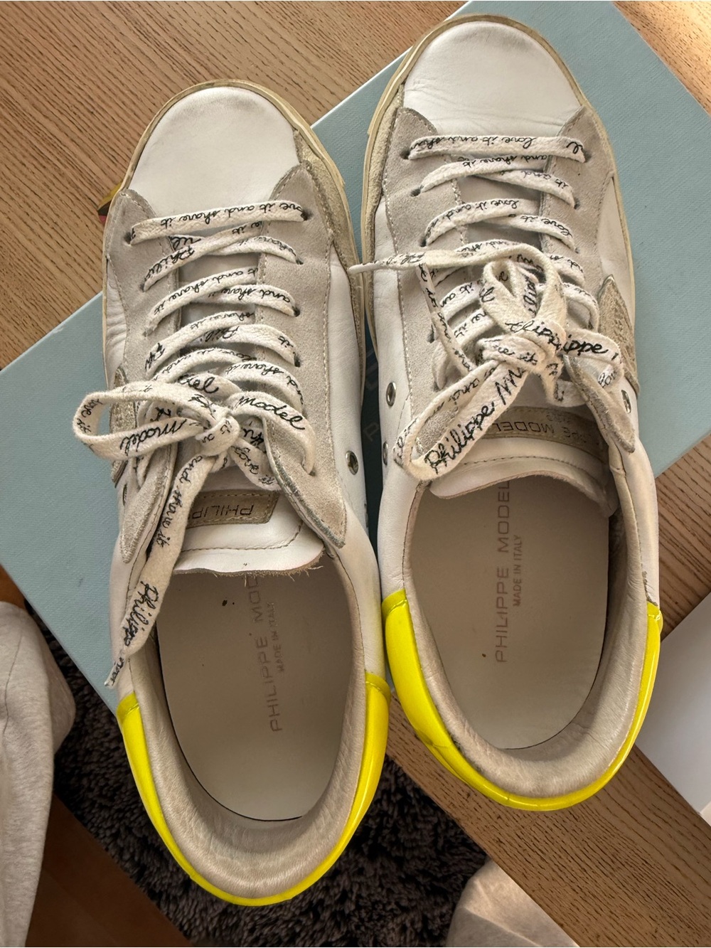 Philippe Model White Leather Sneakers with Beige Accents and Yellow Heel Tab